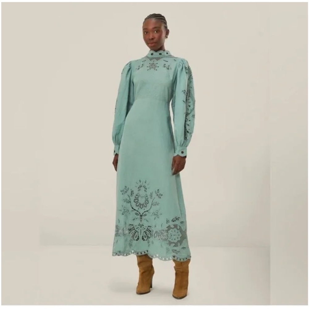 FARM Rio Mint Green Embroidered Long Sleeve Dress